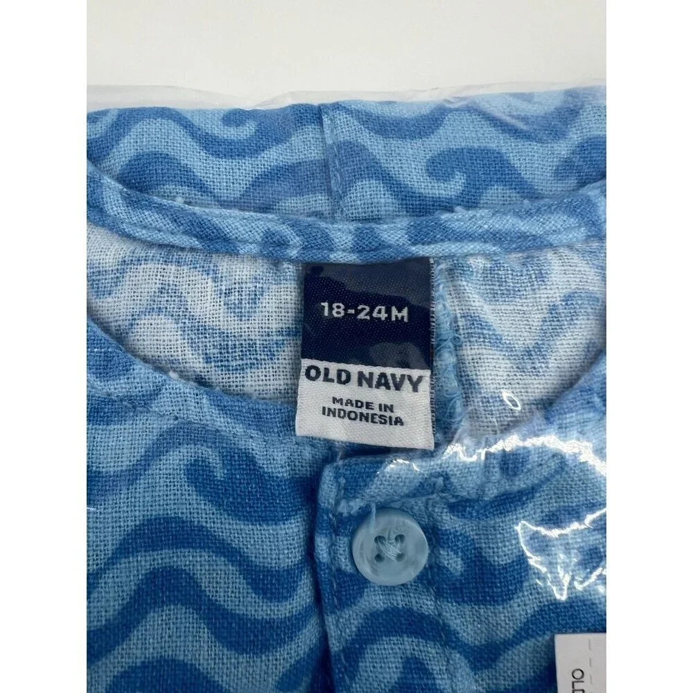 Old Navy Baby Romper Blue Wave Linen Blend Henley One Piece 18-24 months